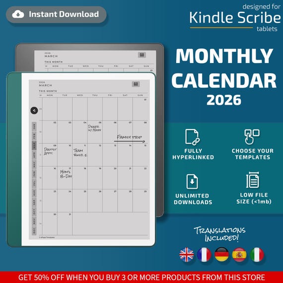 Monthly Calendar for Kindle Scribe tablets, eInk templates, hyperlinked PDF, calendar, agenda