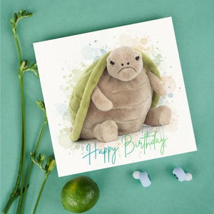 May include: A birthday card with a plush turtle toy. The turtle is tan with a green shell and a sad face. The card has watercolour splashes and the words "Happy Birthday" in script.