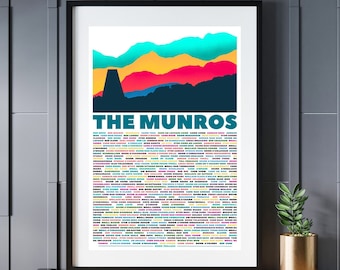 Lámina personalizada de los Munros escoceses – Arte mural colorido de las montañas de Escocia – Regalo para excursionistas y amantes de los Munros