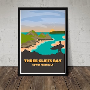Three Cliffs Print - Gower Peninsula Poster - Cadeau voor surfer, Gower liefhebbers!