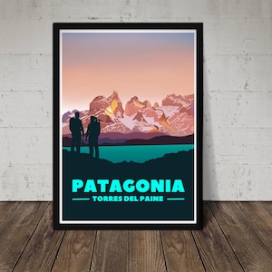 Stampa Patagonia Torres Del Paine - Arte murale colorata - Regalo per gli amanti della montagna, escursionisti, scalatori e corridori.