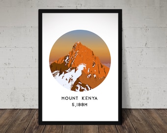 Impresión del Monte Kenia - Póster de montaña sencillo - Regalo para excursionistas, escaladores y montañeros.
