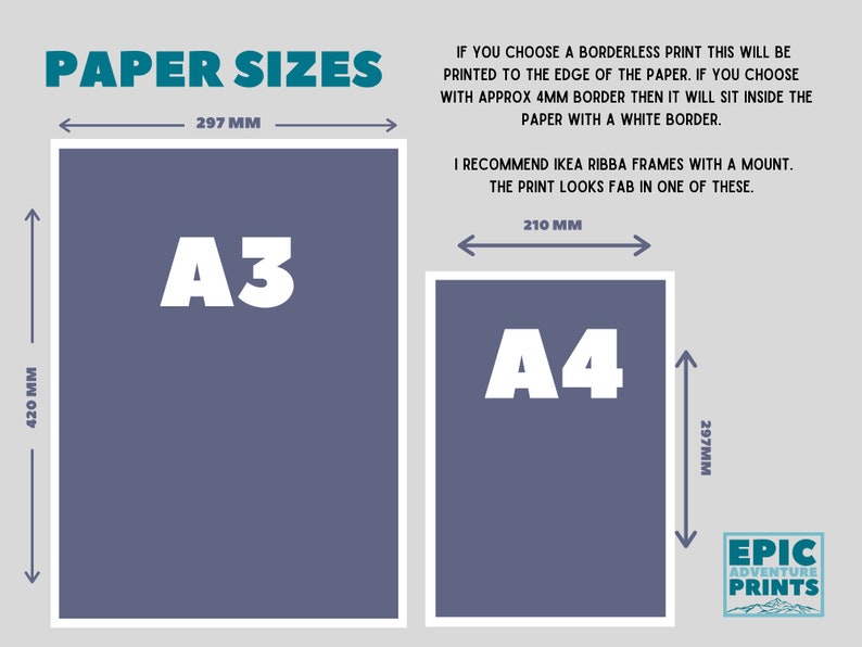 Puede incluir: Un diagrama que muestra las dimensiones de dos tama&ntilde;os de papel est&aacute;ndar: A3, que mide 297 mm por 420 mm, y A4, que mide 210 mm por 297 mm. El texto "PAPER SIZES" est&aacute; en la parte superior de la imagen.