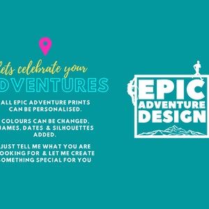 Puede incluir: Un fondo azul turquesa con texto blanco que dice "let's celebrate your ADVENTURES EPIC ADVENTURE DESIGN". El texto est&aacute; en negrita, sin serifas. Hay un icono de pin de ubicaci&oacute;n rosa en la esquina superior izquierda de la imagen.