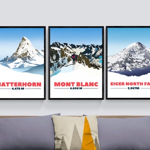 May include: Three minimalist mountain illustrations with the names "Matterhorn", "Mont Blanc", and "Eiger North Face" and their heights in metres.