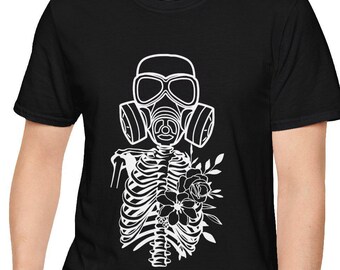 Skeleton Torso Gas Mask Unisex T-Shirt, Floral Skull Tee, Goth Clothing, Halloween Shirt, Dark Art Top