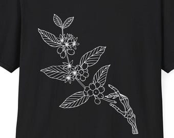 Skeleton Coffee Plant Unisex T-Shirt, Skeleton Hand Graphic Tee, Coffee Lover Shirt, Plant Enthusiast Gift, Botanical Print Top