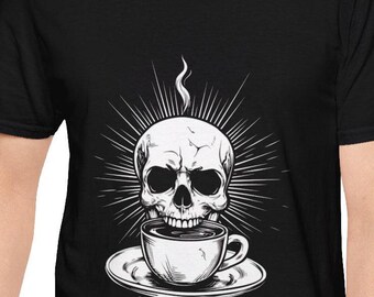 Coffee Skull Unisex Softstyle T-Shirt, Black and White Tee, Coffee Lover Tee, Skull Graphic Shirt, Gift for Gothic Coffee Enthusiast