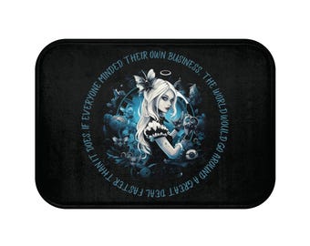 Alice in Wonderland Bath Mat, Dark Blue and Black Kitchen Rug, Bathroom Decor, Fantasy Theme Floor Mat, Unique Housewarming Gift, Mad Hatter