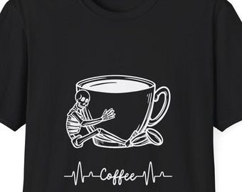 Skeleton Coffee Lover Tee, Funny Graphic Tee, Coffee Heartbeat Shirt, Halloween T-Shirt, Coffee Addict Gift