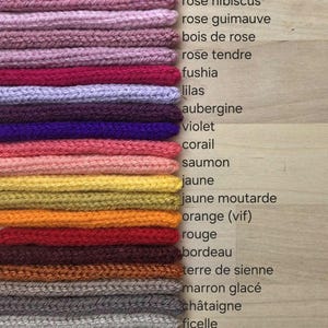 May include: A stack of twenty-one knitted fabric swatches in various colors, each labeled with French text including vieux rose, rose hibiscus, rose guimauve, bois de rose, rose tendre, fushia, lilas, aubergine, violet, corail, saumon, jaune, jaune moutarde, orange, rouge, bordeau, terre de sienne, marron glac&eacute;, ch&acirc;taigne, ficelle, vanille, and chocolat.