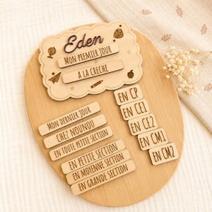 Peut inclure: Un tableau d'étape ovale en bois clair avec une plaque festonnée portant le prénom Eden, le texte Mon Premier Jour A La Creche et des icônes scolaires. Il comprend plusieurs étiquettes en bois interchangeables avec des niveaux scolaires.
