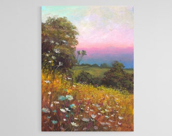 Pink sunrise digital file pink sunset Countryside hills with daisies Beige rural hills with flowers landscape Digital files