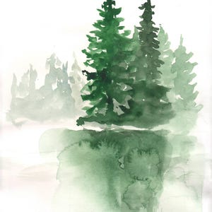 Pine Forest on the river bank Digital Pine Trees Watercolor Painting Decor Wall art Landscape Digital files