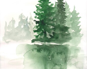 Pine Forest on the river bank Digital Pine Trees Watercolor Painting Decor Wall art Landscape Digital files