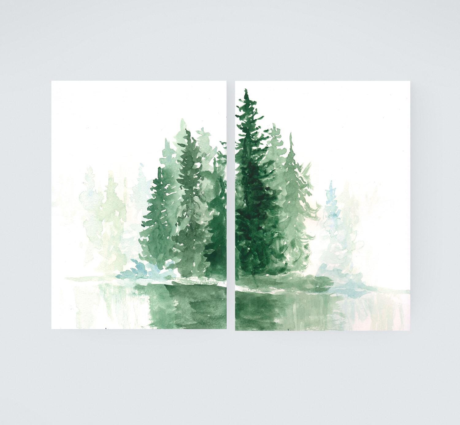 Pine Trees Lake Watercolor Painting digital file gift diptych