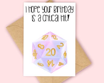 Tarjeta de cumpleaños de golpe crítico, tarjeta de cumpleaños de dados, tarjeta de Dungeon Master, tarjeta de Dungeon and Dragons