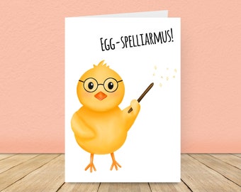 Egg-spelliarmus Card,  Funny Birthday Card, Cute Chick Birthday Card, Magic Birthday Card