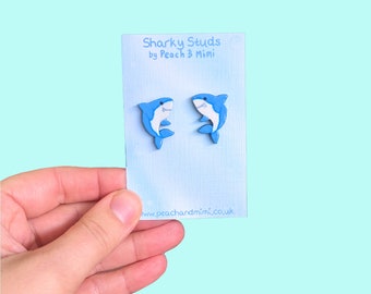 Sharky Earrings, Wooden Earrings, Cute shark earrings, hand painted earrings