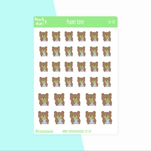Hoja de pegatinas "Amor por las plantas", pegatinas de oso para planificador, pegatinas kawaii para planificador, pegatinas para planificador