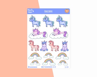 Unicorn and Rainbows Sticker Sheet, White Matt Vinyl Sticker Sheet, Unicorn Stickers, Rainbow Stickers