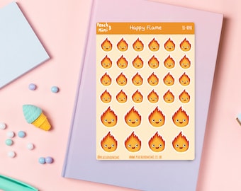 Happy Flame Sticker Sheet, Flame Planner Stickers, Kawaii Fire Sticker Sheet