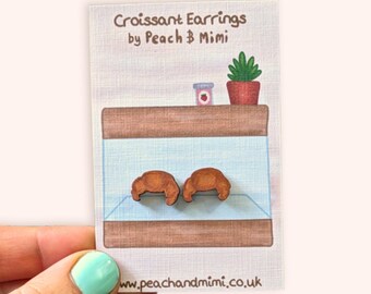 Croissant stud earrings, Wooden Earrings, Cute croissant earrings, hand painted earrings