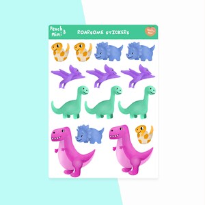 Linda hoja de calcomanías de dinosaurios, hoja de calcomanías rugientes, calcomanías de dinosaurios, regalo de fiesta de dinosaurios
