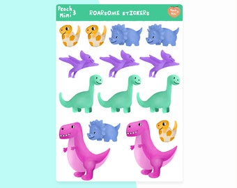 May include: A sheet of stickers featuring various dinosaurs in different colours, including pink, green, blue, and yellow. The stickers are labelled "Roar-some Stickers" and feature the text "Peach & Mimi" in the top corners.