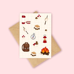 Tarjeta con elementos esenciales para acampar, tarjeta de felicitación para acampar