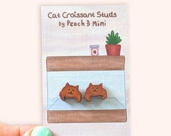 Cat Croissant stud earrings, Wooden Earrings, Cute croissant earrings, hand painted earrings