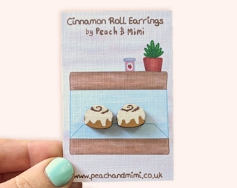 Cinnamon Bun Stud Earrings, Wooden Earrings, Cute bakery earrings, hand painted earrings