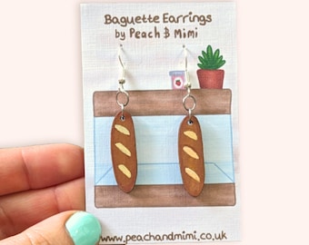 Baguette Dangle Earrings, Wooden Earrings, Cute croissant earrings, hand painted earrings