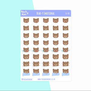 Hoja de pegatinas emocionales de oso, pegatinas de planificador con emojis de oso lindo, pegatinas de planificador kawaii, pegatinas de planificador