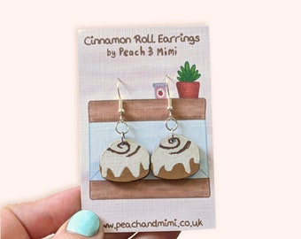 Cinnamon Bun Dangle Earrings, Wooden Earrings, Cute bakery earrings, hand painted earrings