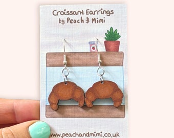 Croissant Dangle Earrings, Wooden Earrings, Cute croissant earrings, hand painted earrings