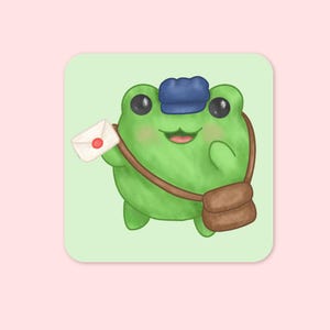 May include: A whimsical illustration of a green frog wearing a blue hat and a brown satchel, holding a white envelope with a red dot. The frog has large black eyes and a smiling expression. The background is a light green square with rounded corners.