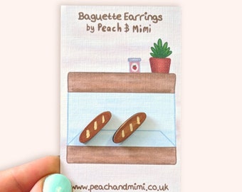 Baguette Stud Earrings, Wooden Earrings, Cute croissant earrings, hand painted earrings