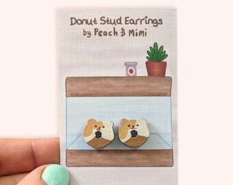 Cat Donut stud earrings, Wooden Earrings, Cute bakery earrings, hand painted earrings