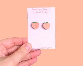 Peaches stud earrings, Wooden Earrings, Cute peach earrings, hand painted earrings