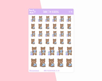 Shhh I'm reading Planner Sticker Sheet, Cute Bear reading planner Stickers,  Kawaii Planner Stickers, Planner Stickers