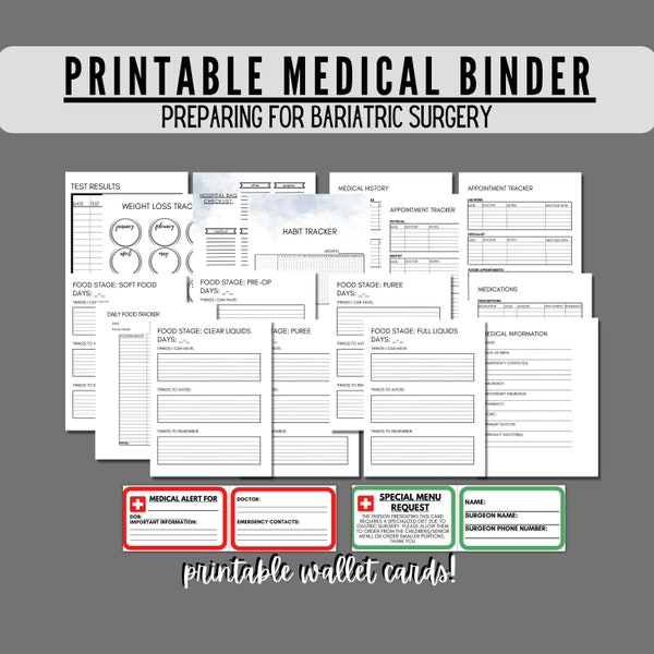 Printable Medical Binder for Pre-op Bariatric Surgery, Prepare for Gastric Sleeve and Gastric Bypass RNY, Weight Loss, tracker, medication