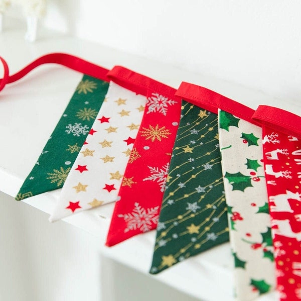 Christmas Bunting Flags, Hanging Christmas Decoration Garland, Christmas Mantle Decor, Fabric Bunting Banner, Traditional Hygge Nordic Xmas