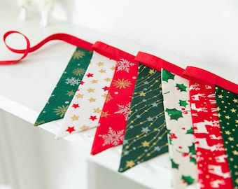 Christmas Bunting Flags, Hanging Christmas Decoration Garland, Christmas Mantle Decor, Fabric Bunting Banner, Traditional Hygge Nordic Xmas