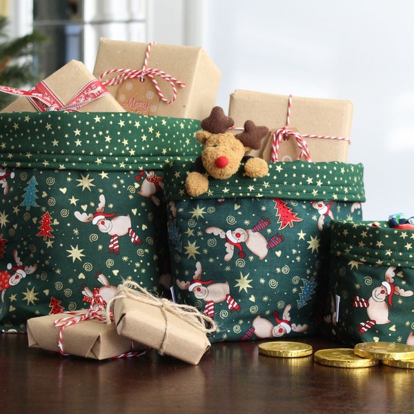 Ensemble organisateur de panier de Noël fait main, décorations de Noël vertes, sac cadeau renne en tissu, sacs pour le père Noël, remplissage de sac pour le réveillon de Noël