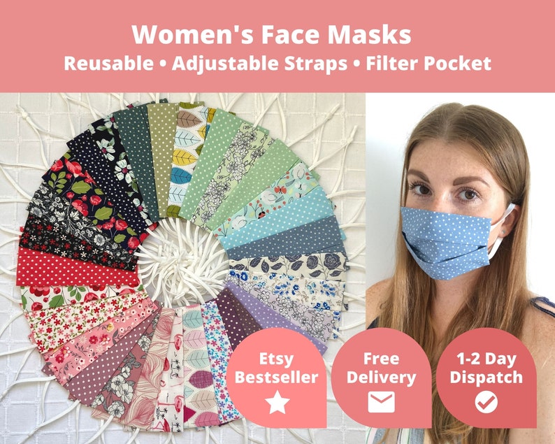 Womens Face Mask Adjustable Straps, Adult Face Covering with Filter Pocket, Cotton Reusable Facemask, Washable Pleated Mask, Handmade in UK 