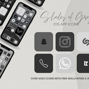 Puede incluir: Una colección de iconos de aplicaciones iOS grises y blancos para aplicaciones populares como Instagram, Snapchat y Spotify. El texto "Shades of Grey" y "IOS APP ICONS" se muestra encima de los iconos. El texto "OVER 4000 ICONS WITH FREE WALLPAPERS & WIDGETS" se muestra debajo de los iconos.