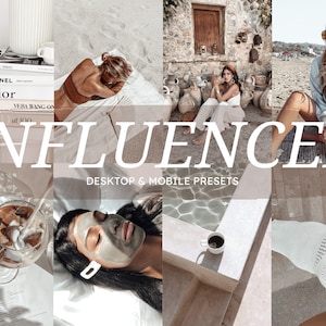 May include: A collection of digital presets for editing photos in a warm, light and airy style. The presets are designed for both desktop and mobile devices. The image shows a variety of photos edited with the presets, including a woman relaxing on a beach, a woman sitting in a courtyard, a woman applying a face mask, and a glass of iced coffee.