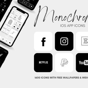 Puede incluir: Una colección de iconos de aplicaciones iOS monocromáticos, que incluyen Facebook, Instagram, YouTube, Netflix, PayPal y una letra E. Los iconos se muestran sobre un fondo blanco con el texto "Monochrome iOS App Icons" y "1600 iconos con fondos de pantalla y widgets gratuitos".