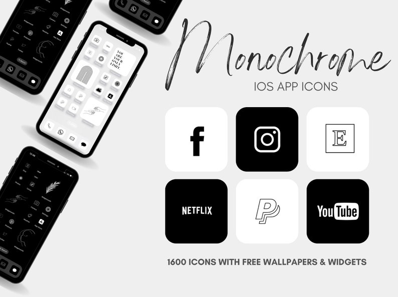 MONOCHROME 1600 iPhone iOS App Icons 800 icons in Black and White FREE Wallpapers & Widgets / Minimalist Professional Custom image 1